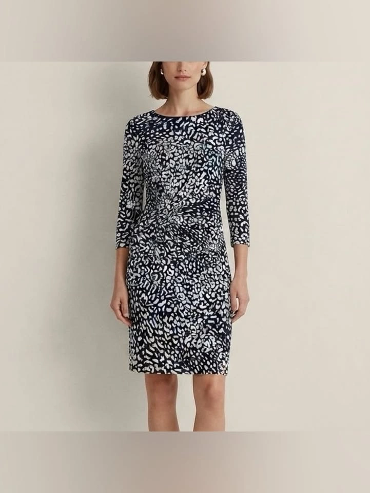 Adrianna Papell Ruched Waist Midi Dress Navy White Animal Print