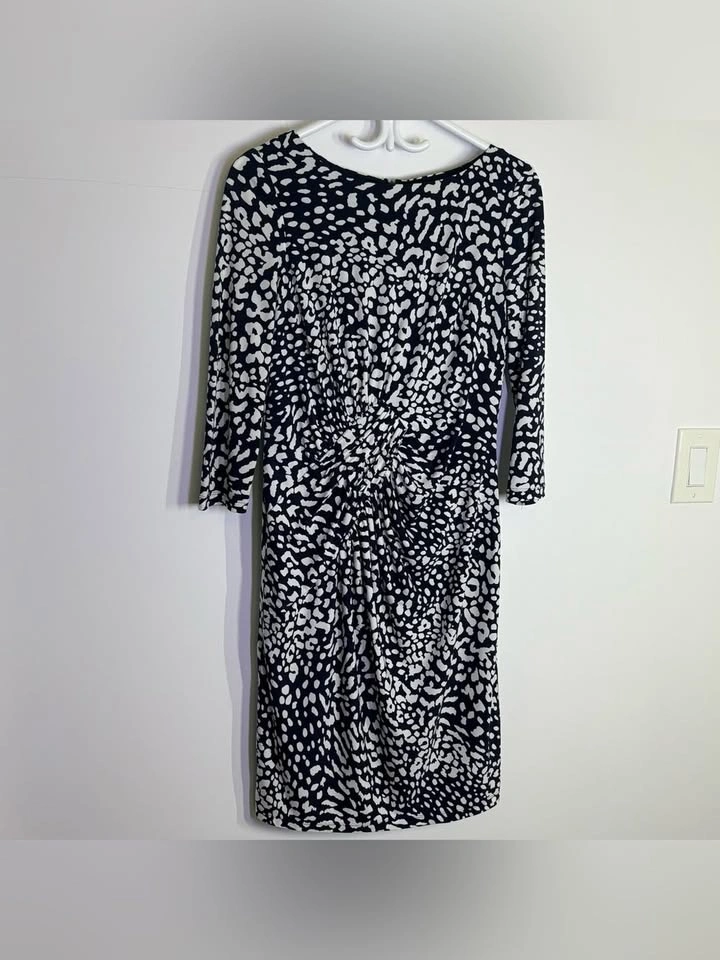 Adrianna Papell Ruched Waist Midi Dress Navy White Animal Print - photo 3