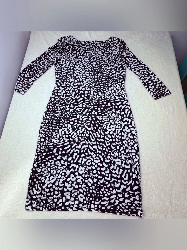 Adrianna Papell Ruched Waist Midi Dress Navy White Animal Print - photo 4