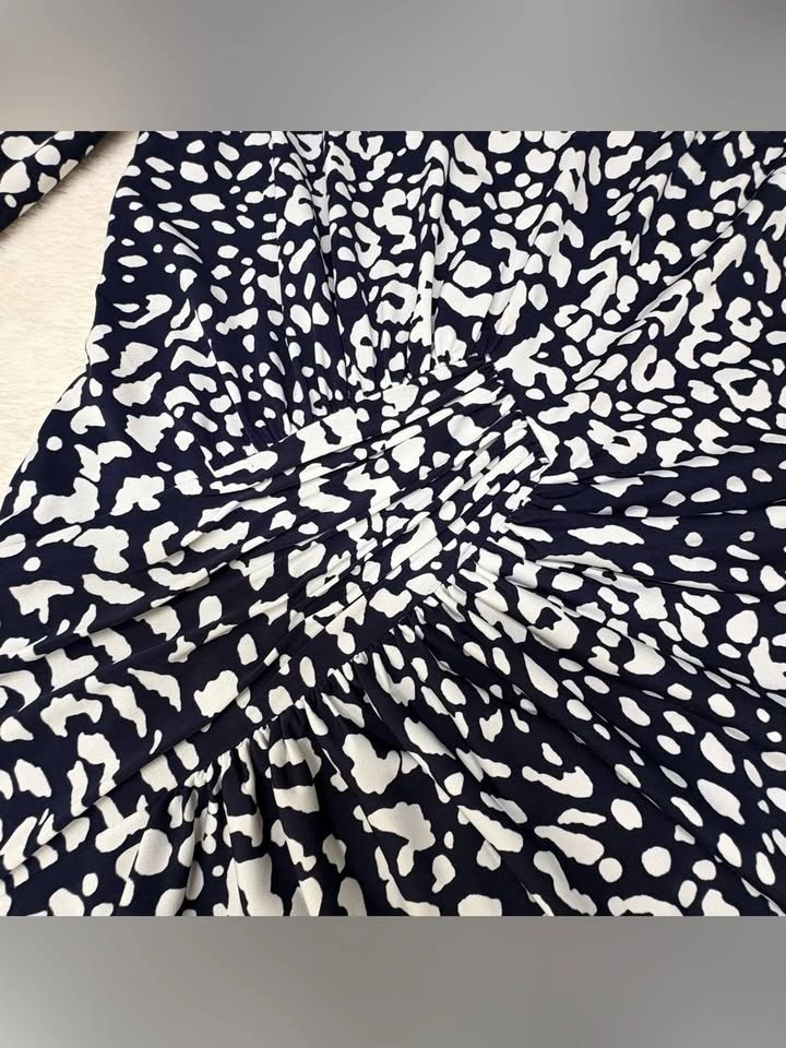 Adrianna Papell Ruched Waist Midi Dress Navy White Animal Print - photo 5