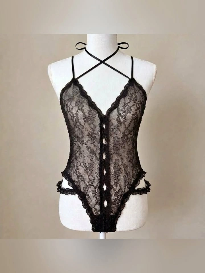 Victorias Secret Black Floral Lace Halter Strappy Teddy Bodysuit
