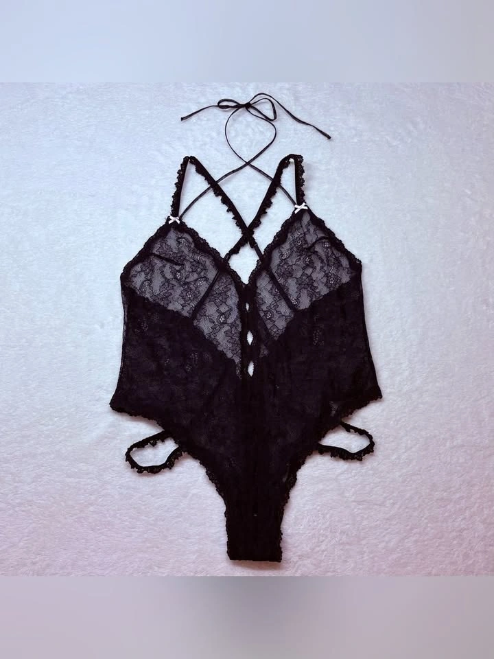 Victorias Secret Black Floral Lace Halter Strappy Teddy Bodysuit - photo 2