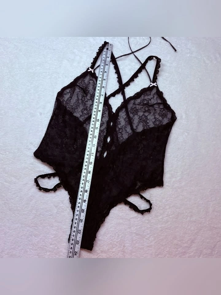 Victorias Secret Black Floral Lace Halter Strappy Teddy Bodysuit - photo 4