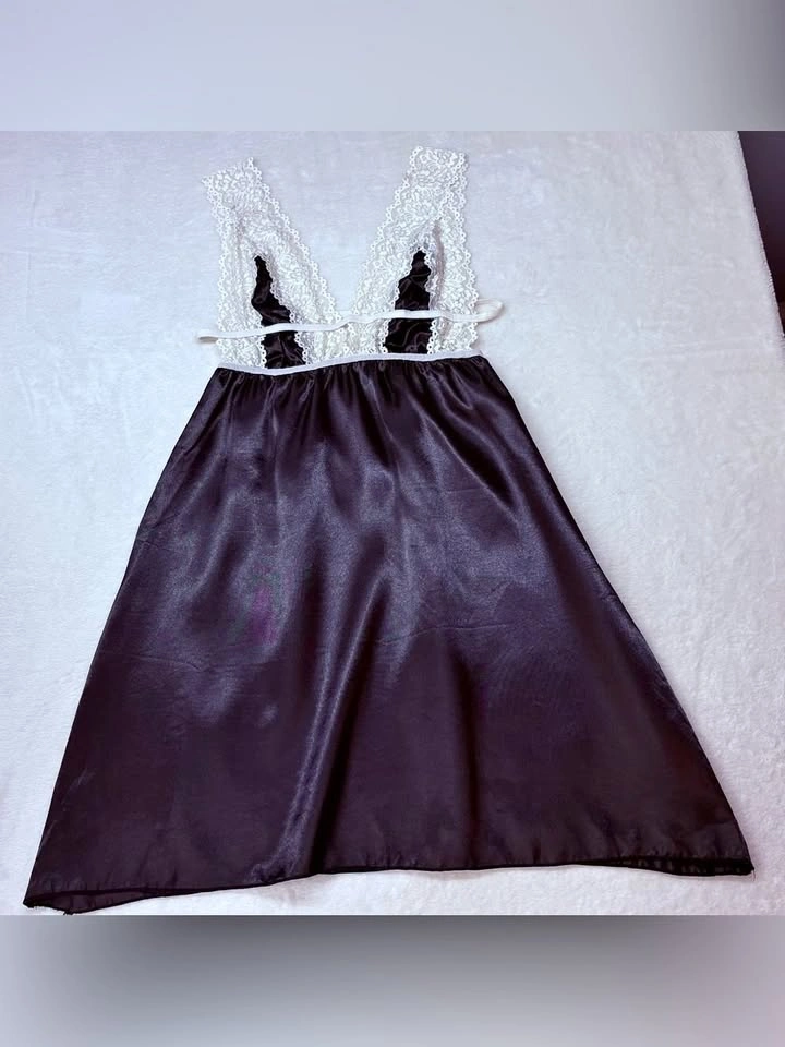 Black Satin Lingerie Slip Dress Contrast White Lace Trim Small - photo 2