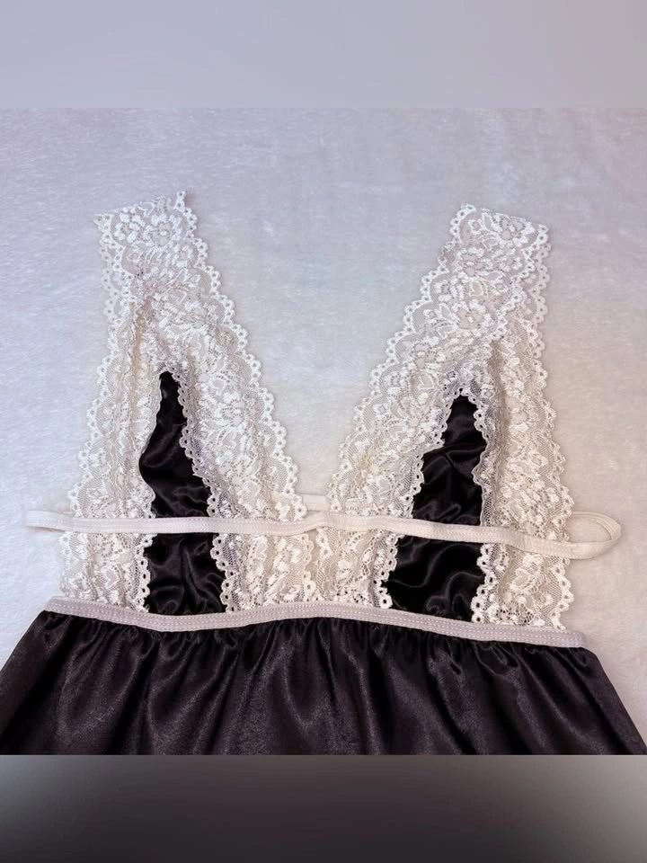 Black Satin Lingerie Slip Dress Contrast White Lace Trim Small - photo 3