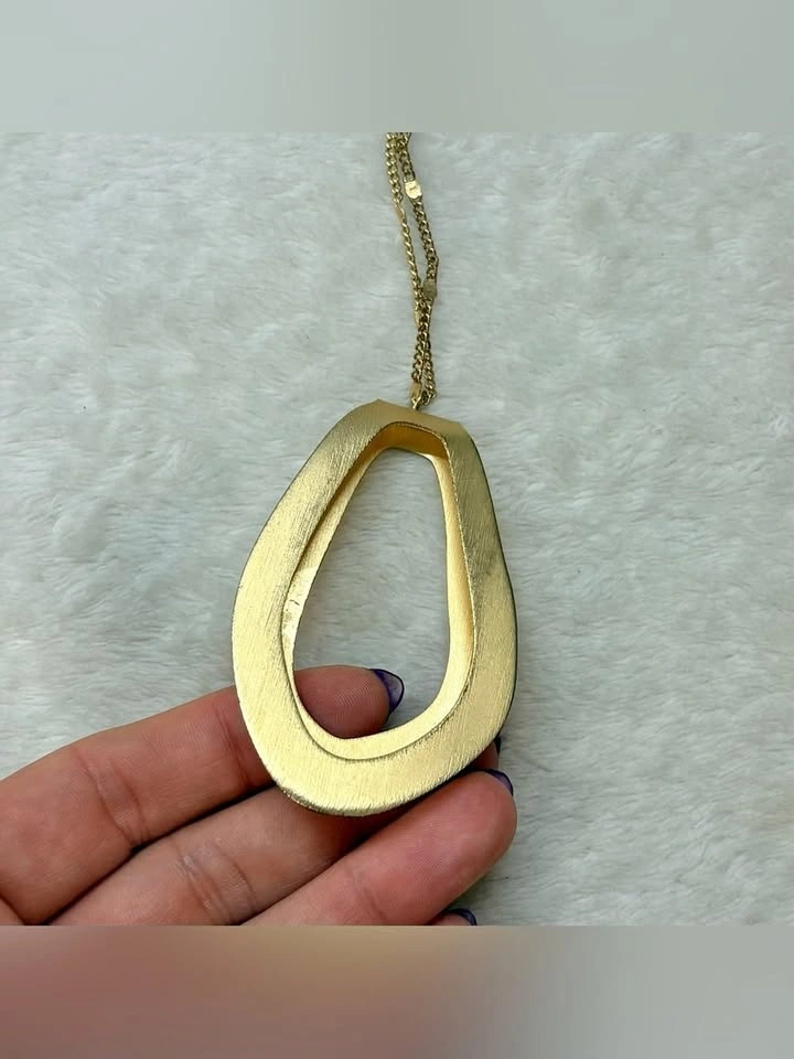 Brushed Gold Tone Geometric Statement Necklace Long Pendant - photo 2