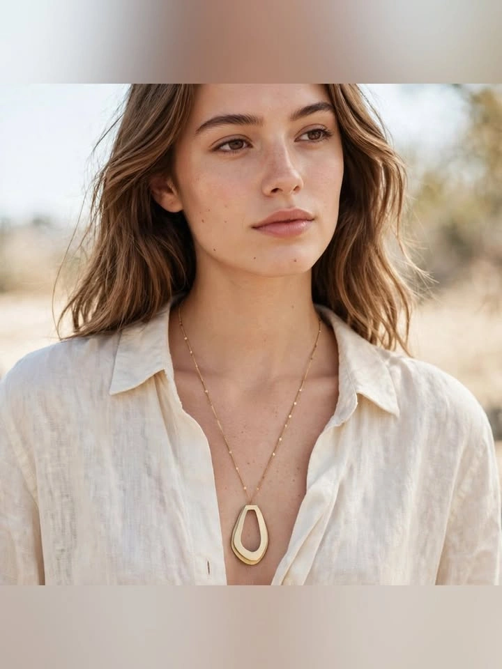 Brushed Gold Tone Geometric Statement Necklace Long Pendant