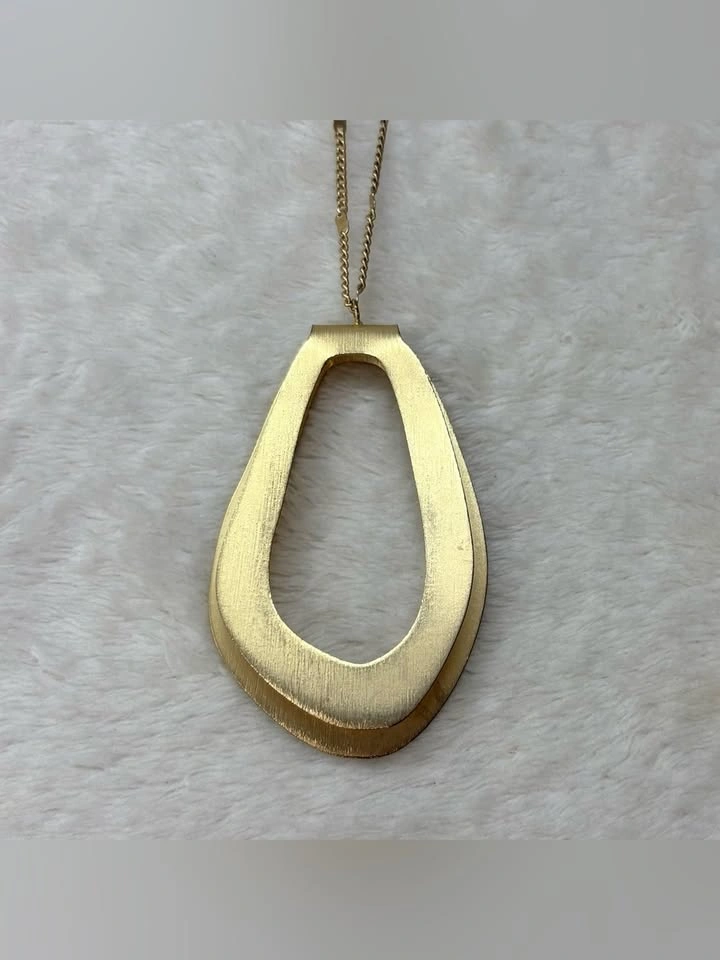 Brushed Gold Tone Geometric Statement Necklace Long Pendant - photo 4