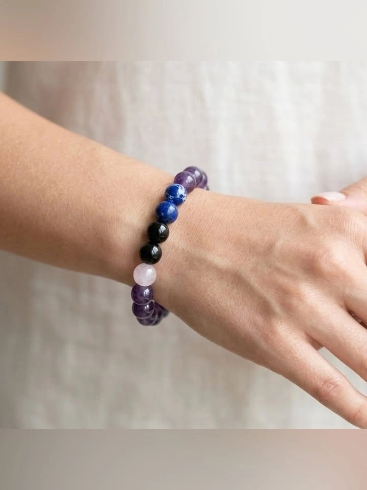 Multi Stone Beaded Stretch Bracelet Purple Blue Black Pink