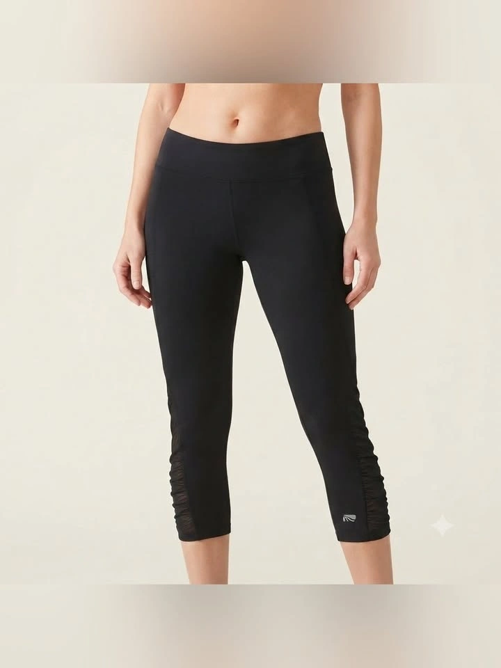 Marika Black Mesh Side Ruched Tummy Control Capri Leggings L