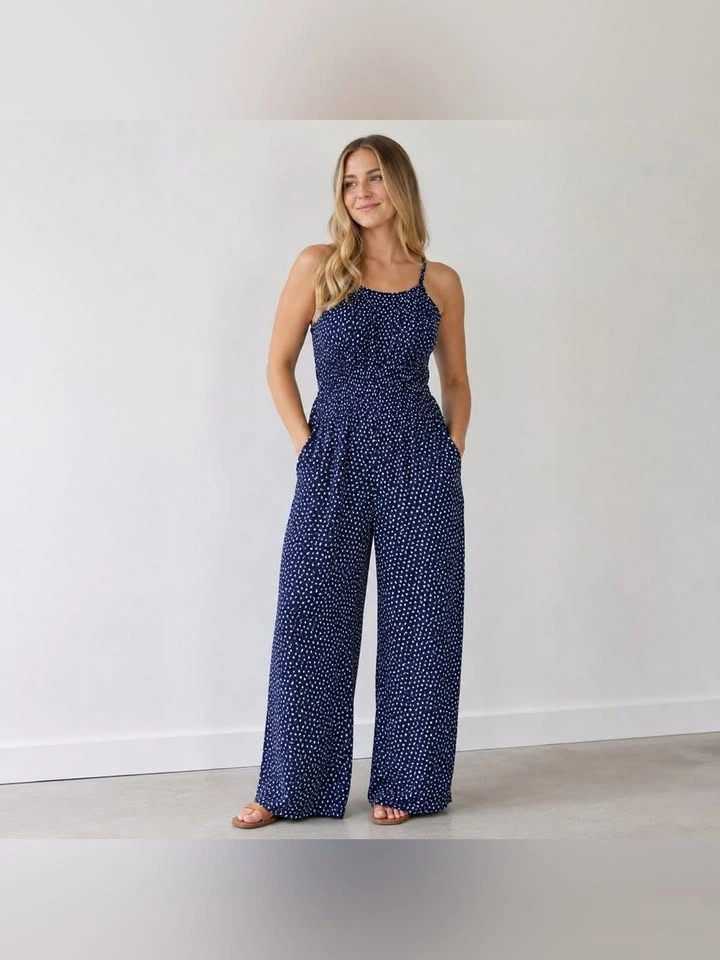 MNG Collection Clover Print Casual Wide Leg Romper Blue Green Si