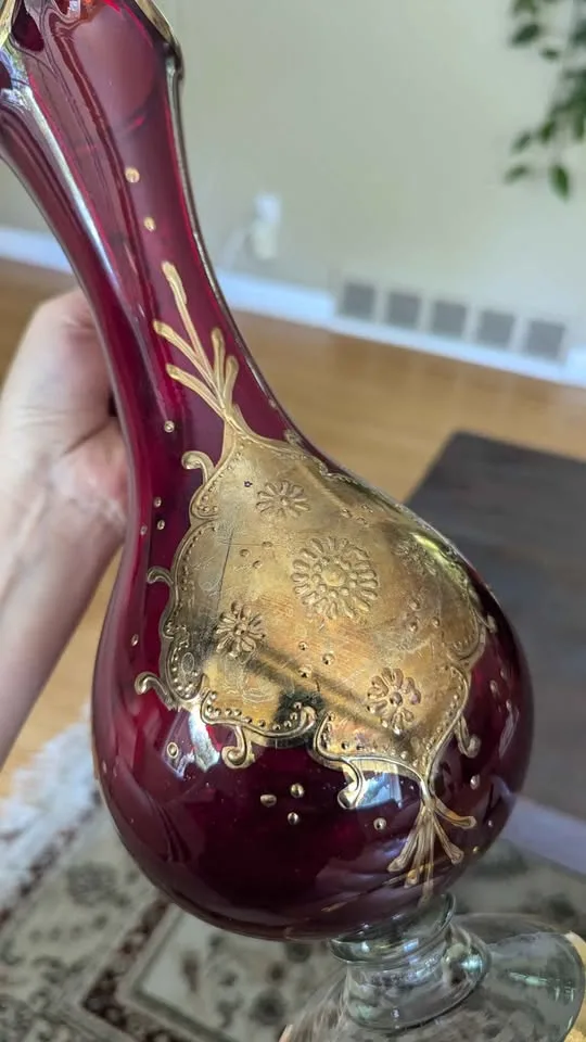 Vintage Ruby Red Glass Pitcher with Gold Gilt image indicator(4)