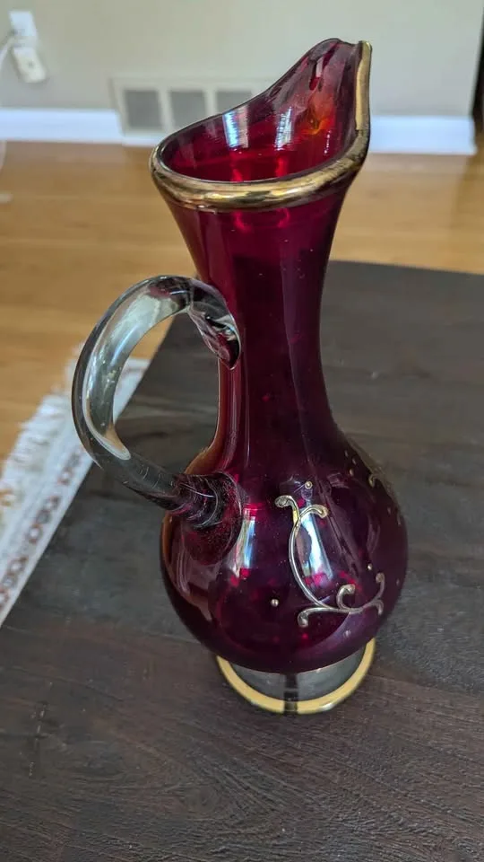 Vintage Ruby Red Glass Pitcher with Gold Gilt image indicator(5)