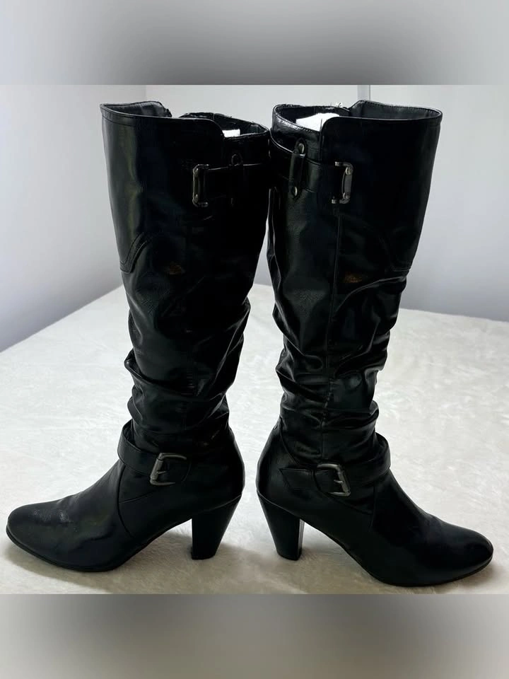 New Woman Design Black Slouchy Mid Calf Heeled Boots Size 8 - photo 4