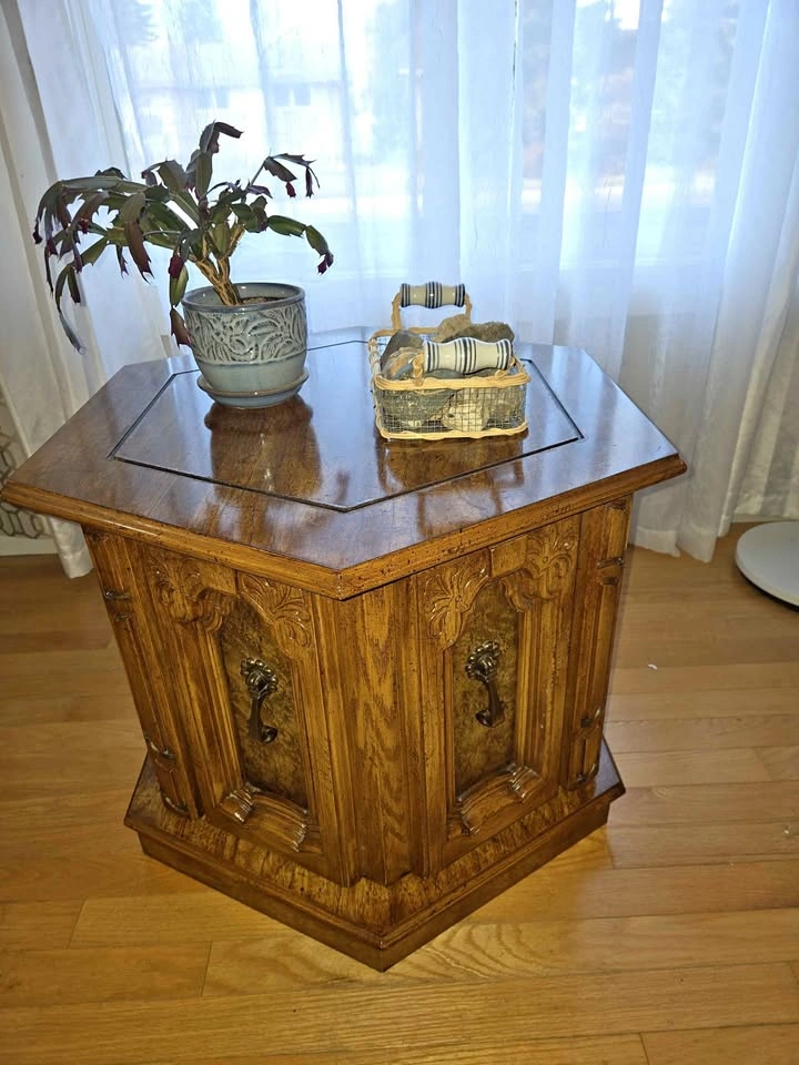 Vintage Hexagonal Wood End Table with Storage Cabinet