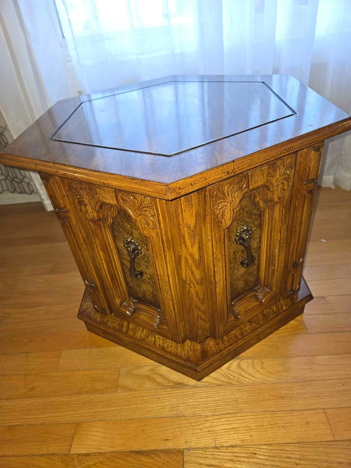 Vintage Hexagonal Wood End Table with Storage Cabinet - photo 2