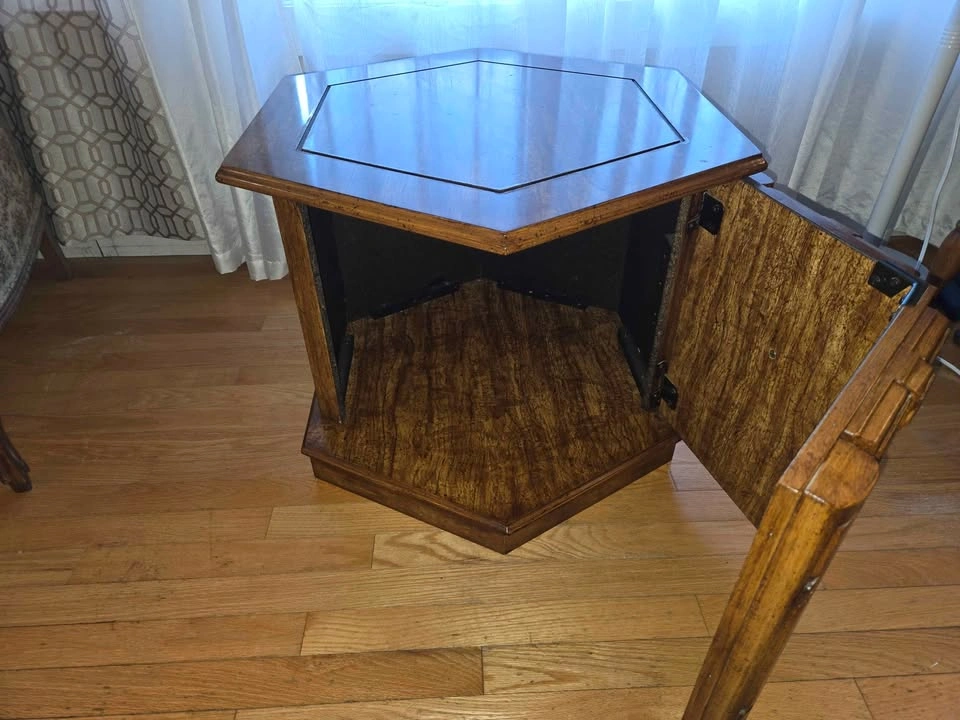 Vintage Hexagonal Wood End Table with Storage Cabinet - photo 3