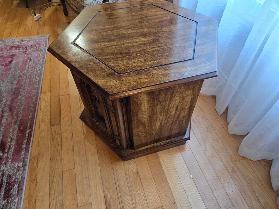 Vintage Hexagonal Wood End Table with Storage Cabinet - photo 4