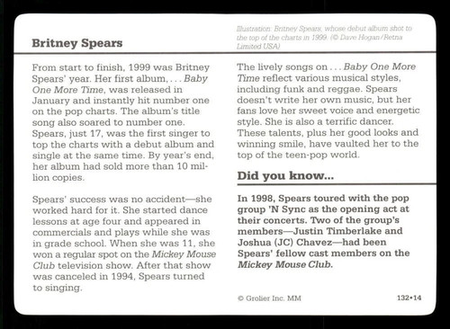 BRITNEY SPEARS ROOKIE RARE Story of America #132 Grolier 1994 - photo 2