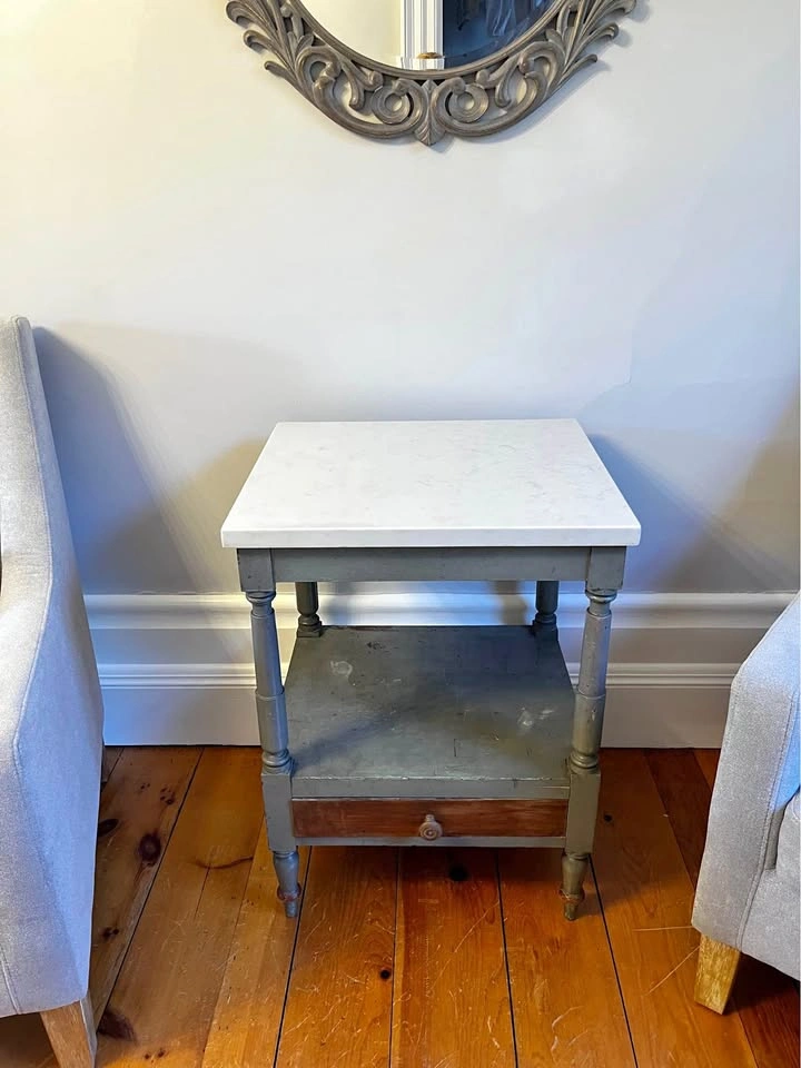 Distressed Grey Side Table with Marble Top