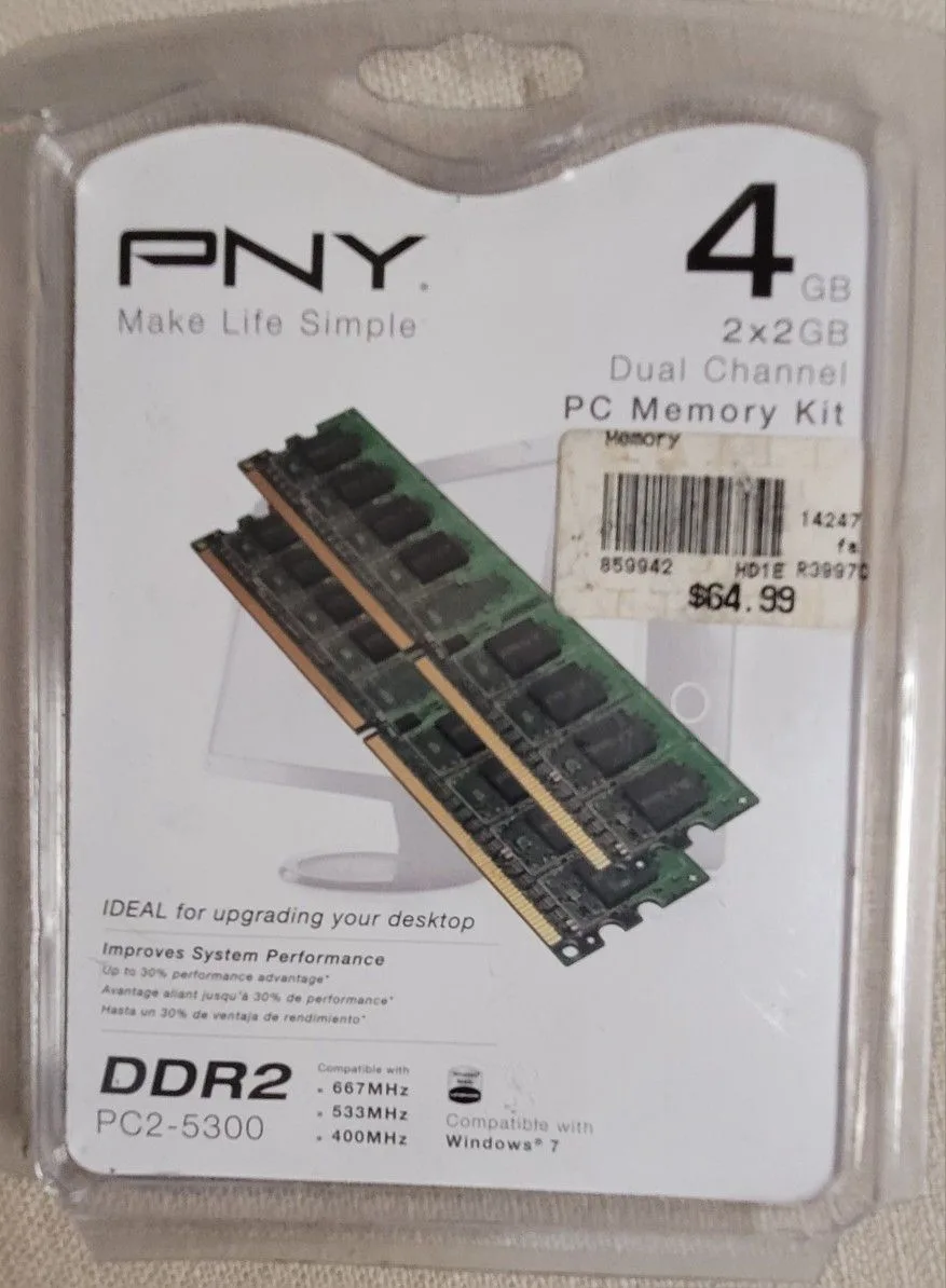 SEALED PNY 4 G. 2X2G DUSL CHANNEL PC MEMORY KIT DDR2 PC2 5300 thumbnail