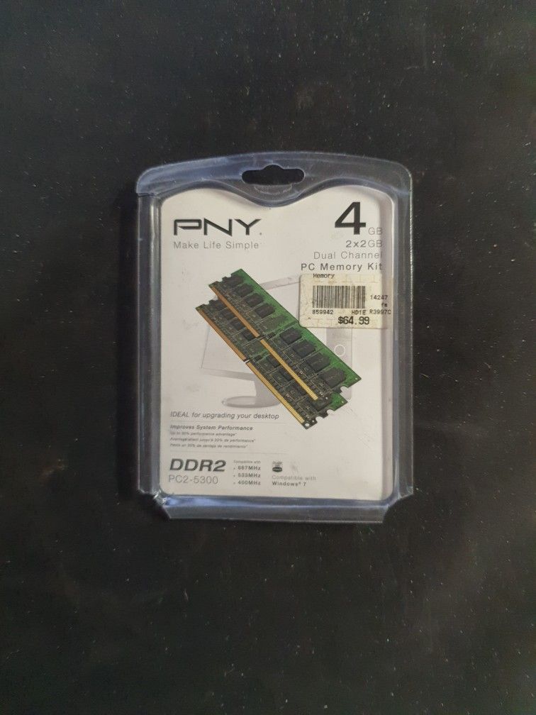NEW PNY 2X2GB DUAL CHANNEL DD2 PC2-5300 PC MEMORY