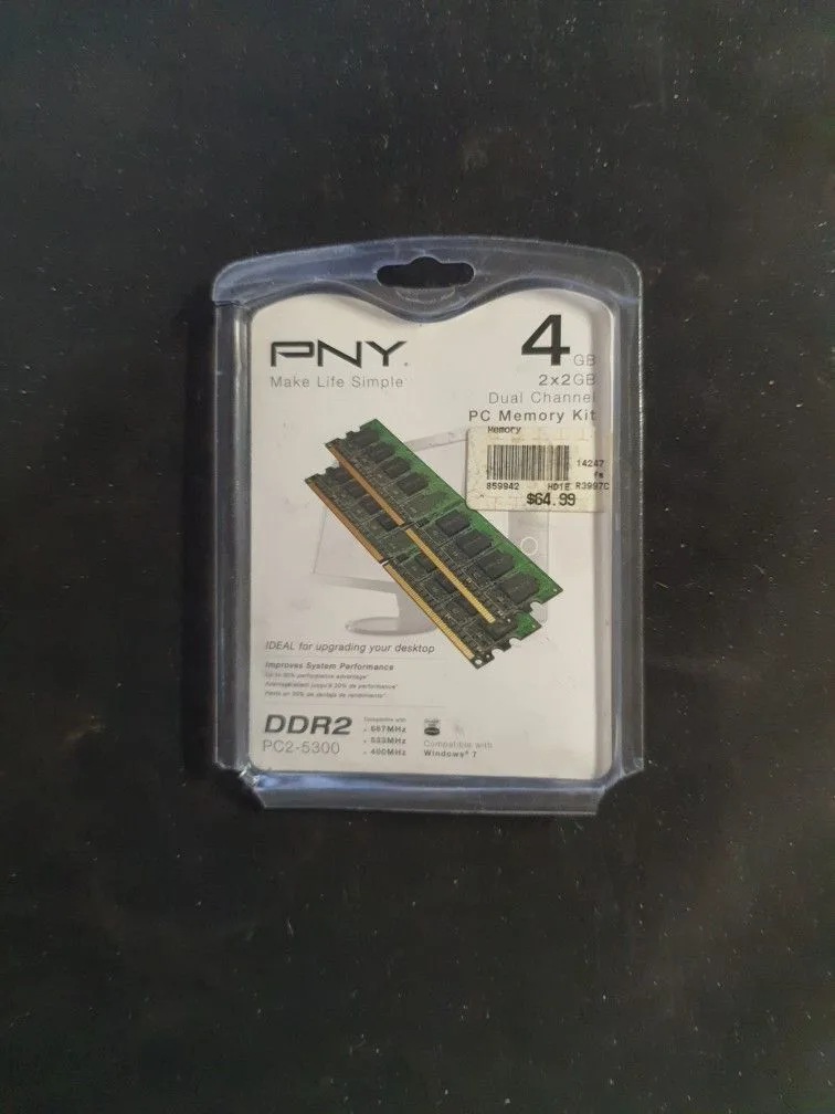 NEW PNY 2X2GB DUAL CHANNEL DD2 PC2-5300 PC MEMORY thumbnail