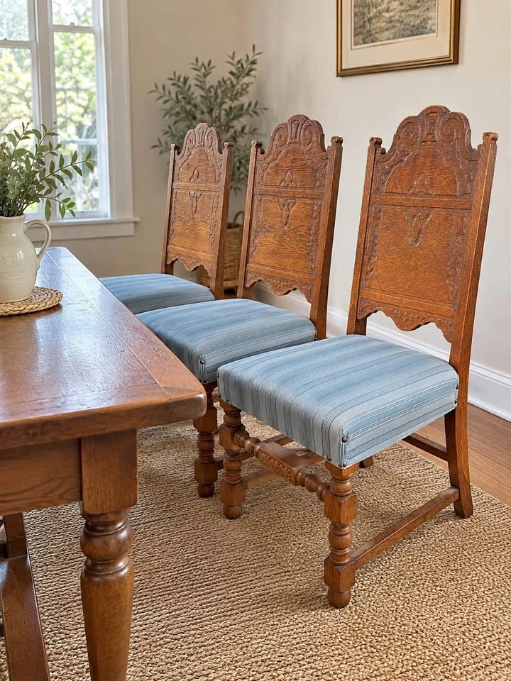 Set of 3 Vintage Carved Oak Dining Chairs