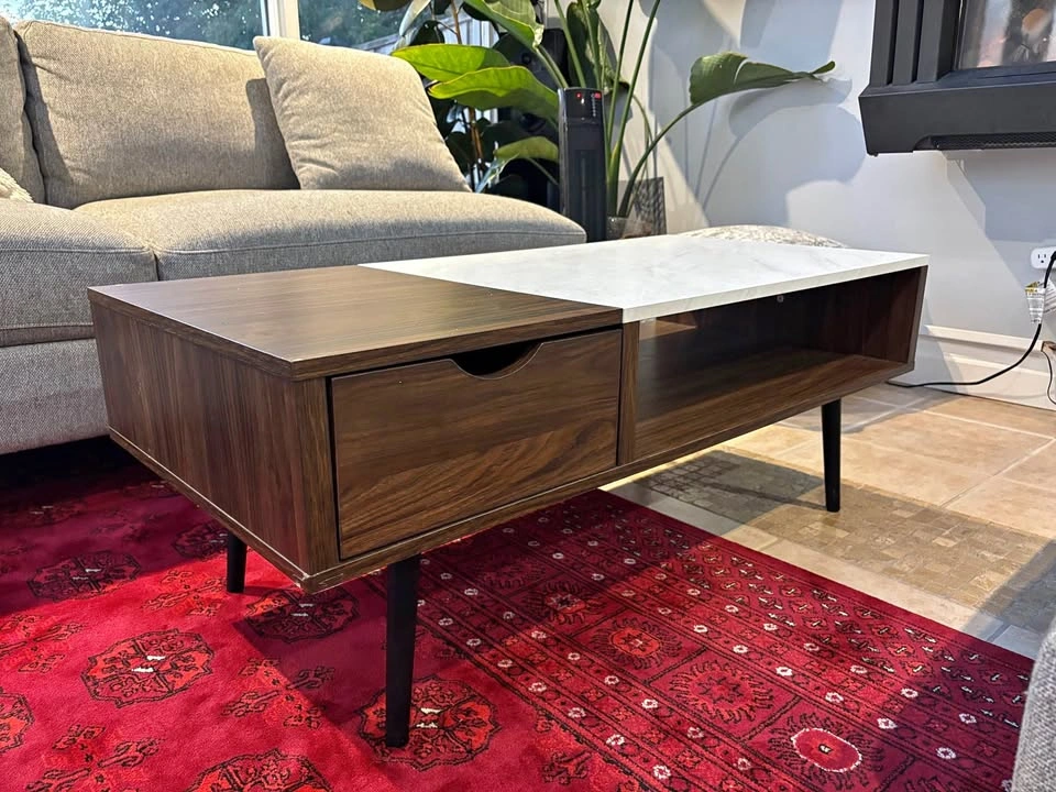 Mid-Century Modern Walnut and Faux Marble Coffee Table