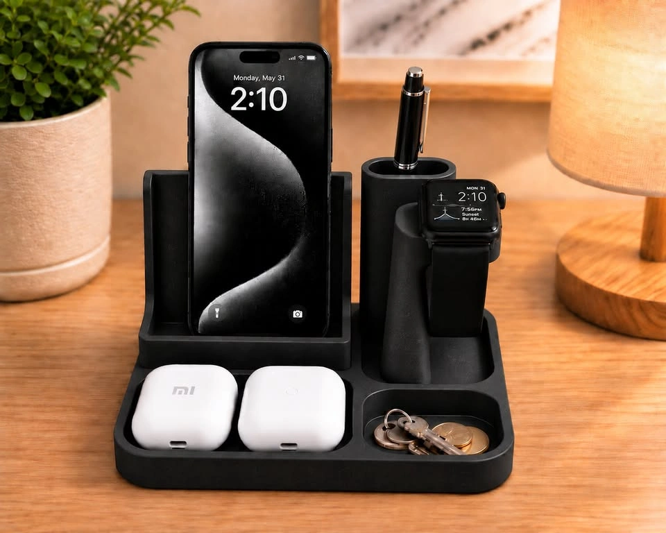Black Charging Station Organizer – Phone, AirPods & Apple Watch