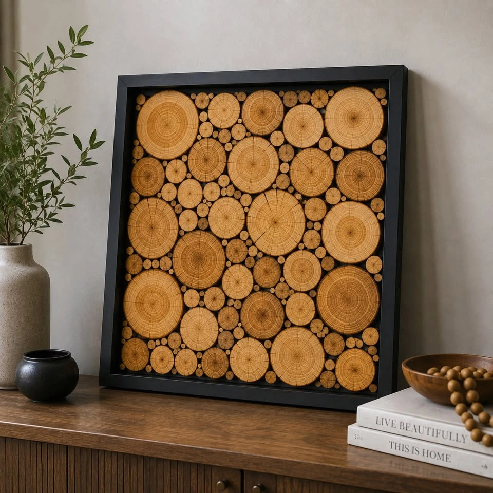Modern Black Frame Wood Slice Wall Art – Handmade - photo 2