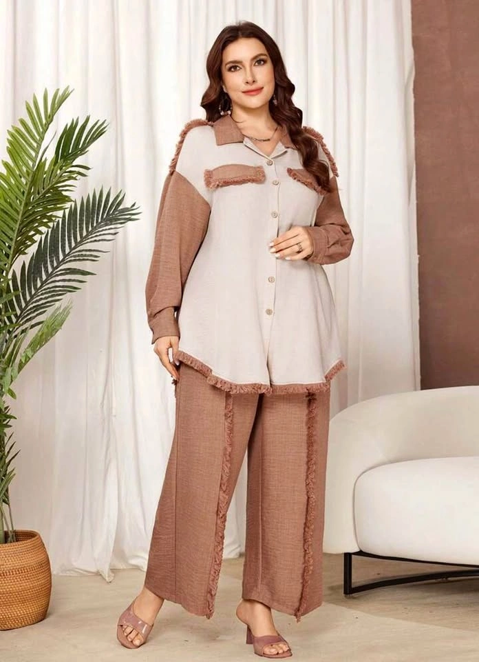 Lacomfia Women's Color Block Shirt and Wide Leg Pants Set