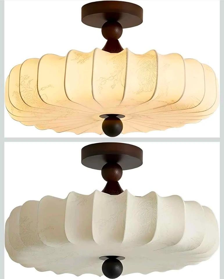 Fabric Lampshade Semi Flush Mount Ceiling Light with Wooden Acce - photo 2
