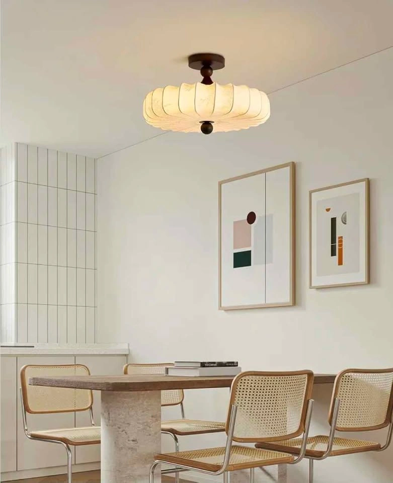 Fabric Lampshade Semi Flush Mount Ceiling Light with Wooden Acce - photo 3