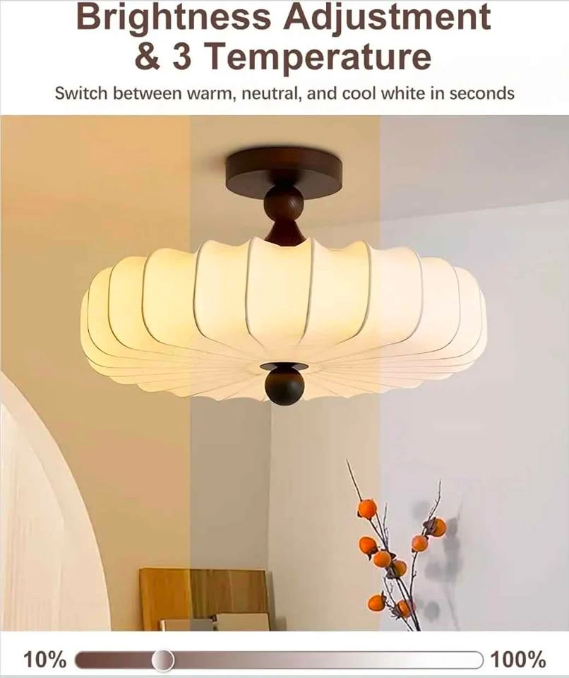 Fabric Lampshade Semi Flush Mount Ceiling Light with Wooden Acce - photo 5