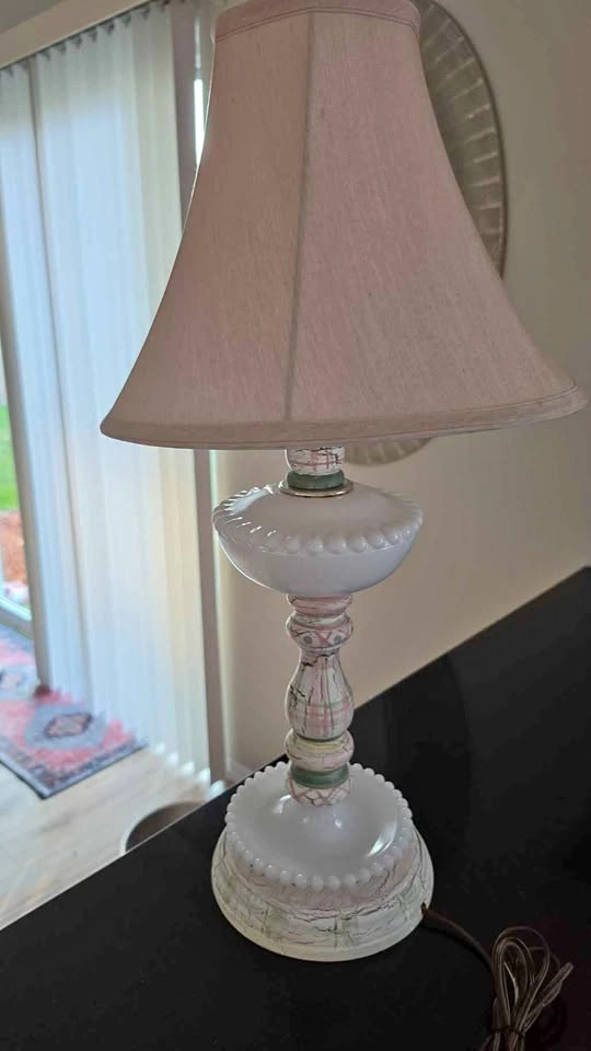 Vintage Milk Glass Table Lamp with Hand-Painted Plaid Crackle Fi