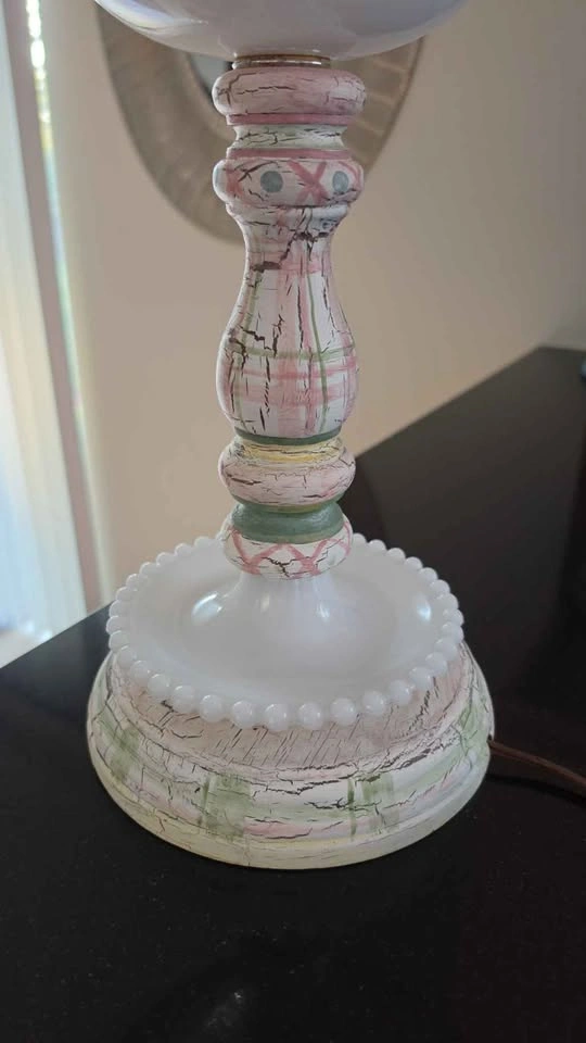 Vintage Milk Glass Table Lamp with Hand-Painted Plaid Crackle Fi - photo 2