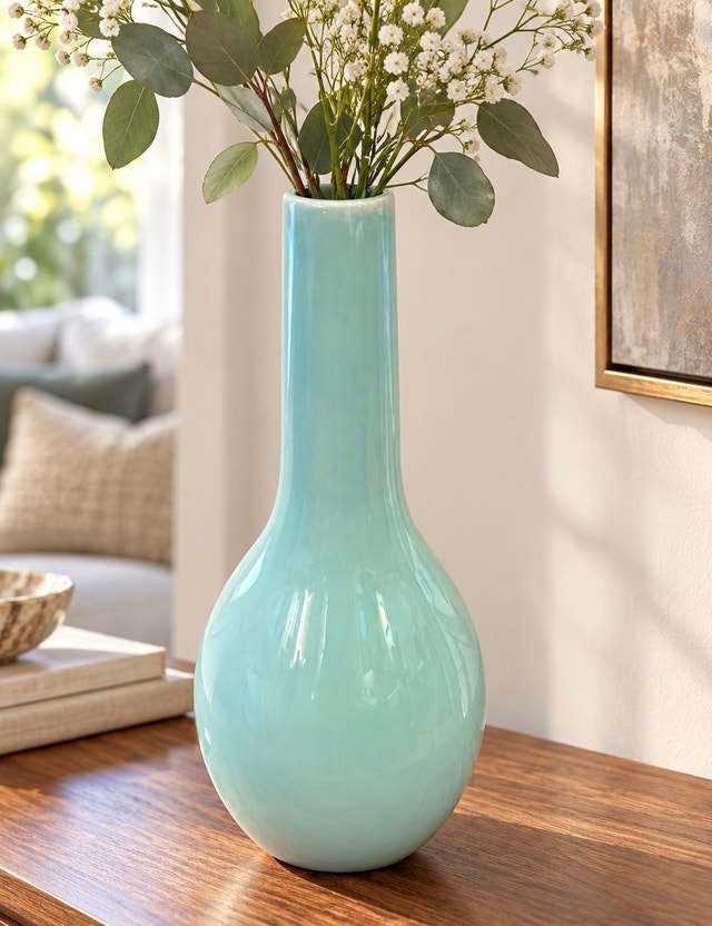 LARGE CELADON-STYLE PORCELAIN CERAMIC BOTTLE VASE - AQUA GLAZE