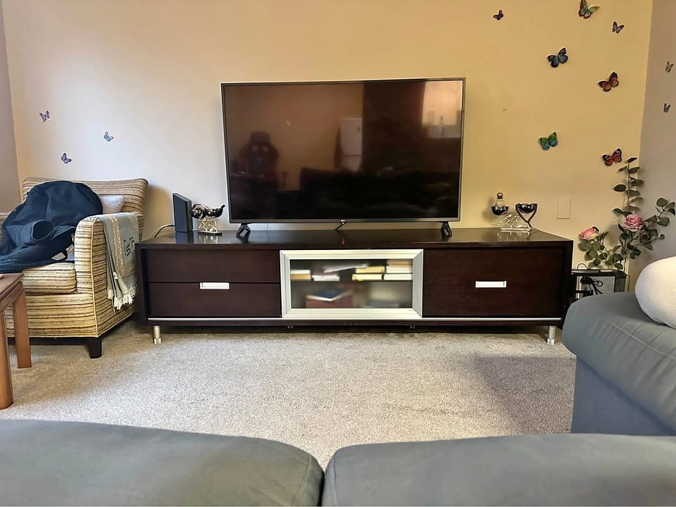 Espresso TV Stand with 4 Drawers and Sliding Glass Door