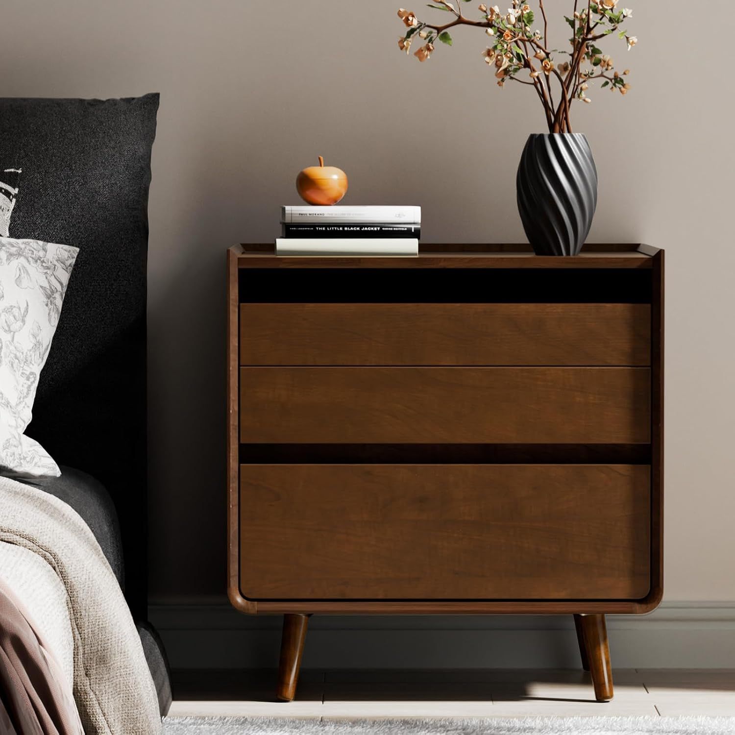 Walnut Nightstand with Charging Station – Mid Century Bedside Ta