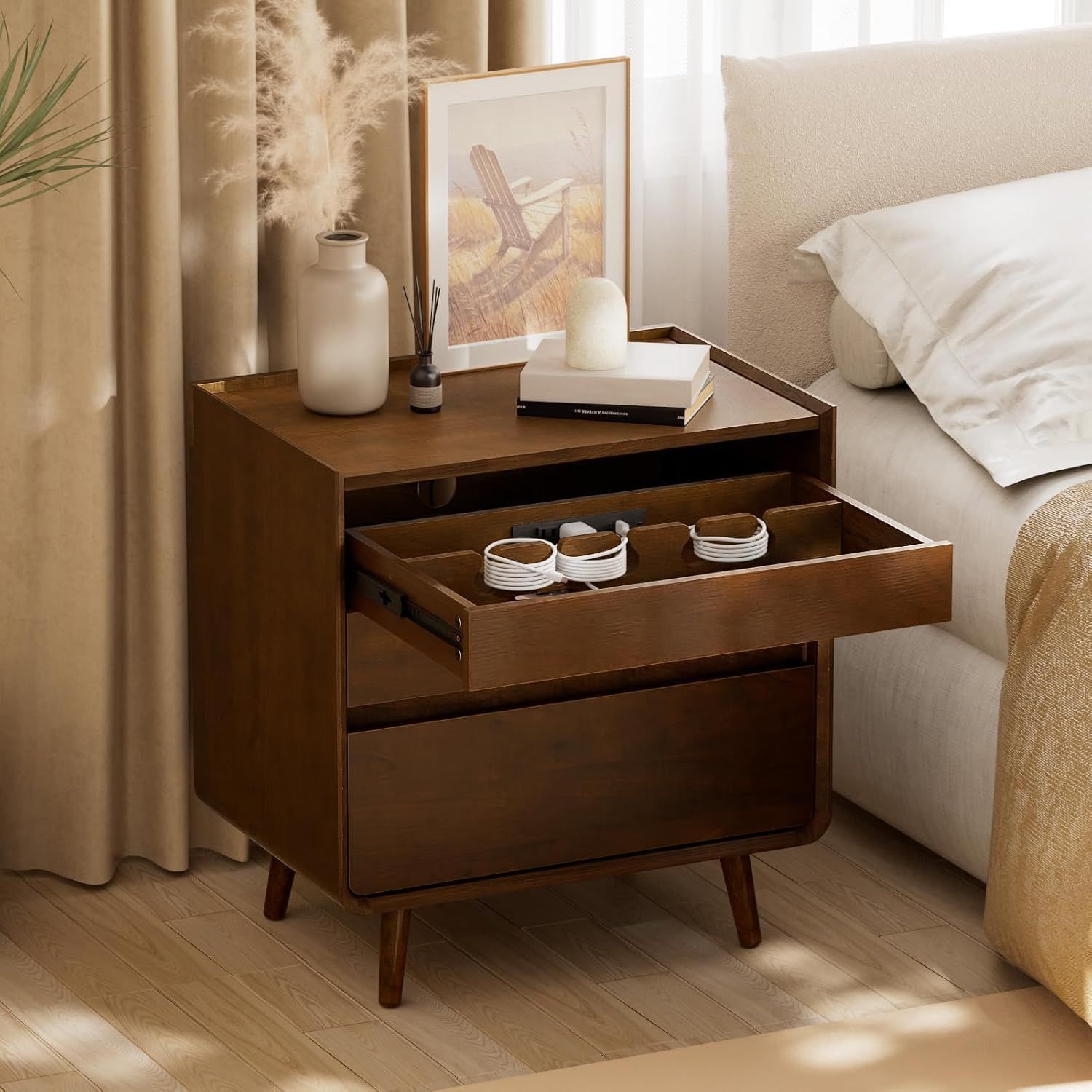 Walnut Nightstand with Charging Station – Mid Century Bedside Ta - photo 3