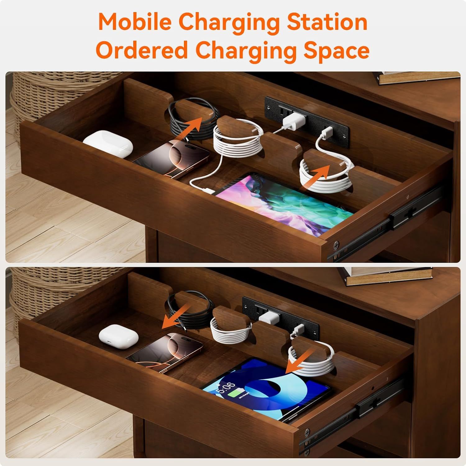 Walnut Nightstand with Charging Station – Mid Century Bedside Ta - photo 4