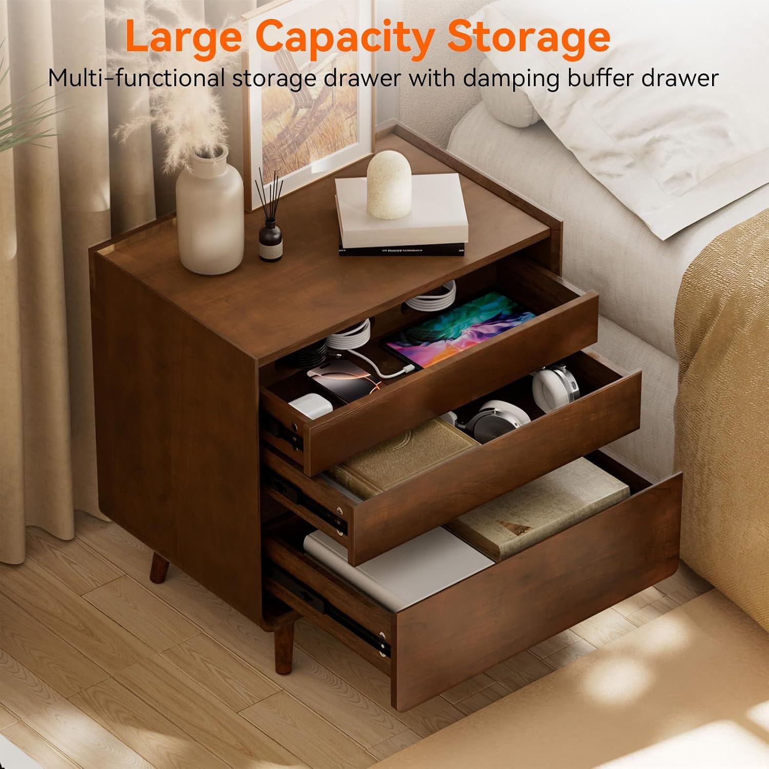 Walnut Nightstand with Charging Station – Mid Century Bedside Ta - photo 5