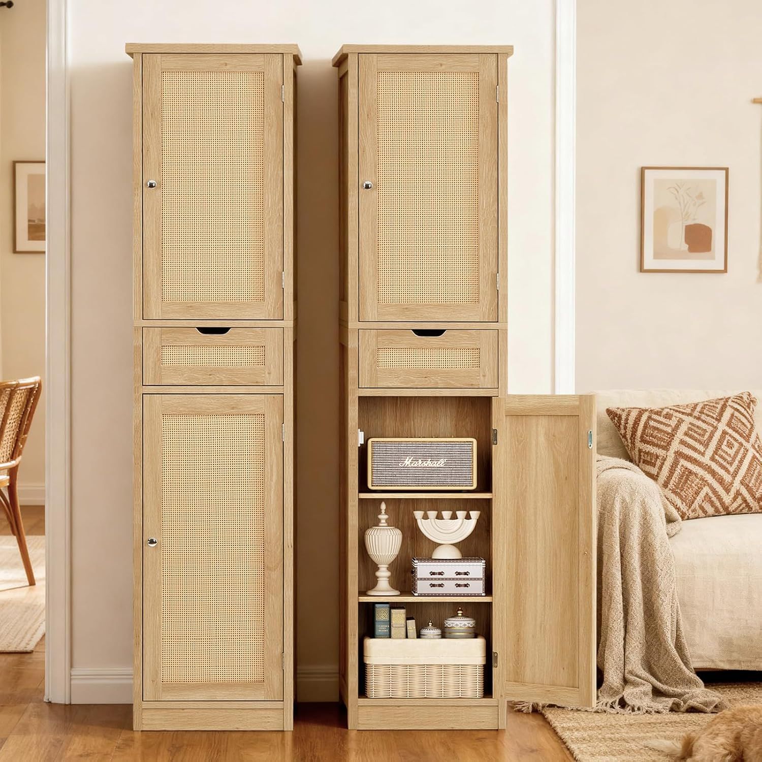 Iwell Tall Bathroom Storage Cabinet – Slim Rattan Cabinet