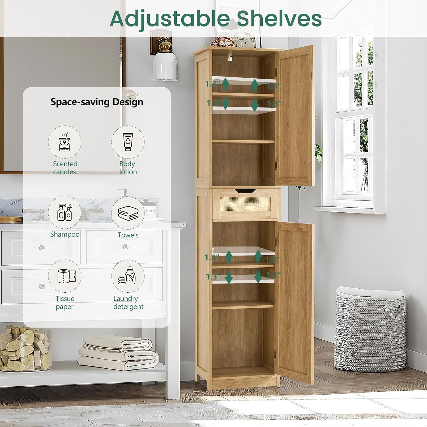 Iwell Tall Bathroom Storage Cabinet – Slim Rattan Cabinet - photo 3