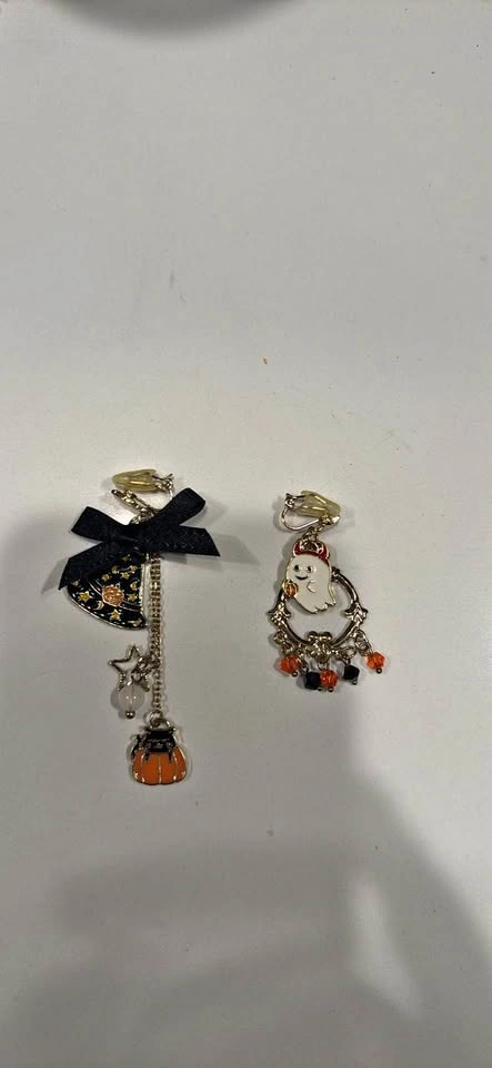 Halloween Ghost and Pumpkin Mismatched Clip-On Earrings