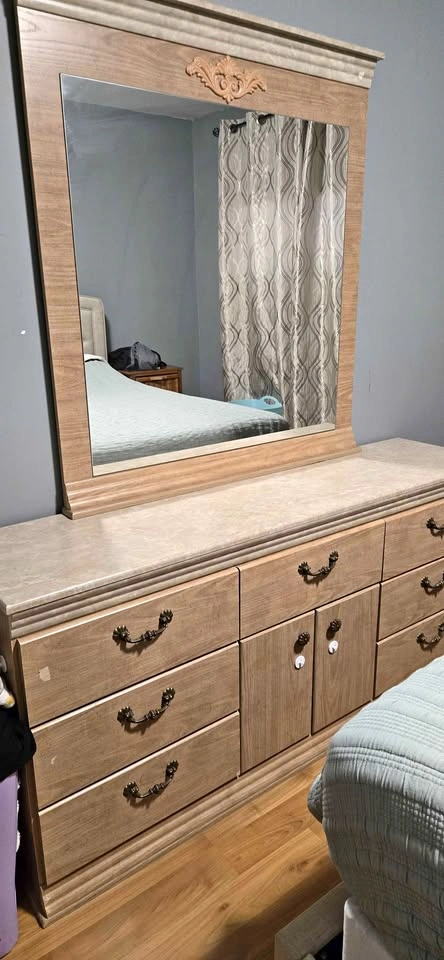 Wooden Dresser with Mirror and Faux-Marble Top