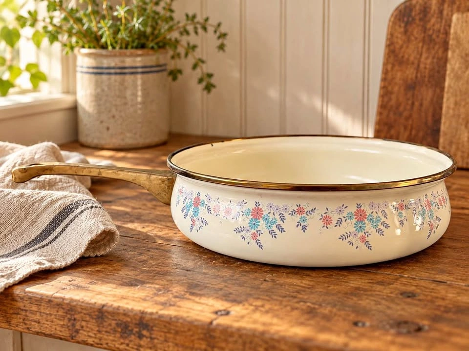 vintage enamel & brass floral skillet