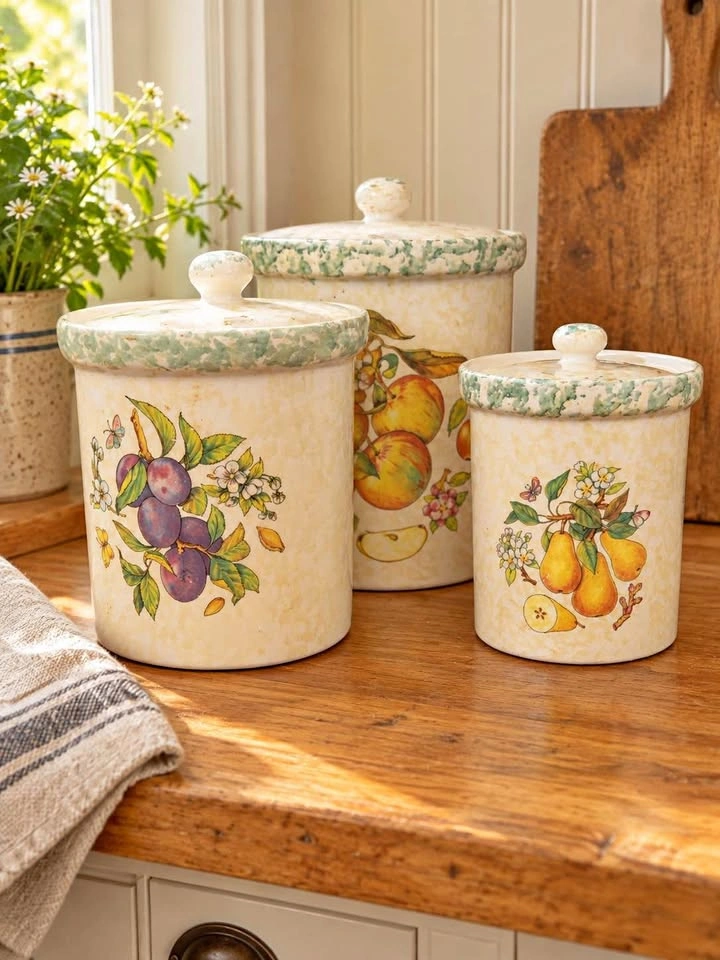 Vintage Italian Ceramic Canister Set of 3 | Hand-Painted Fruit