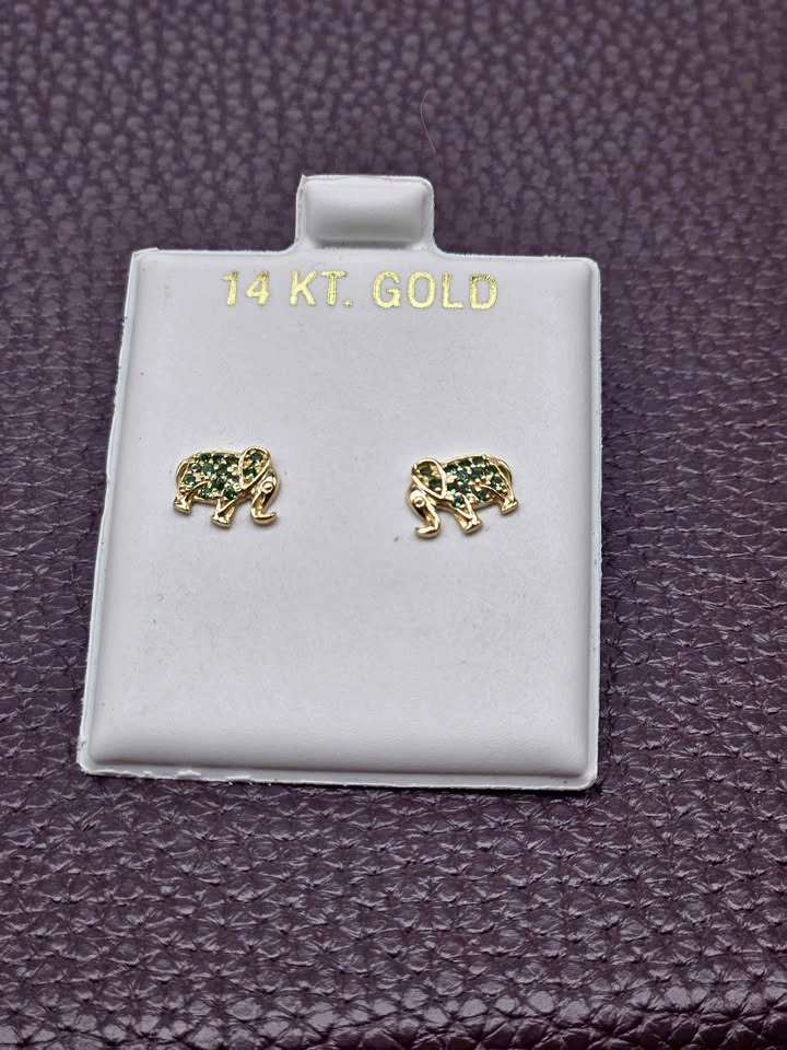 14KT Gold Elephant Stud Earrings with Green Stones